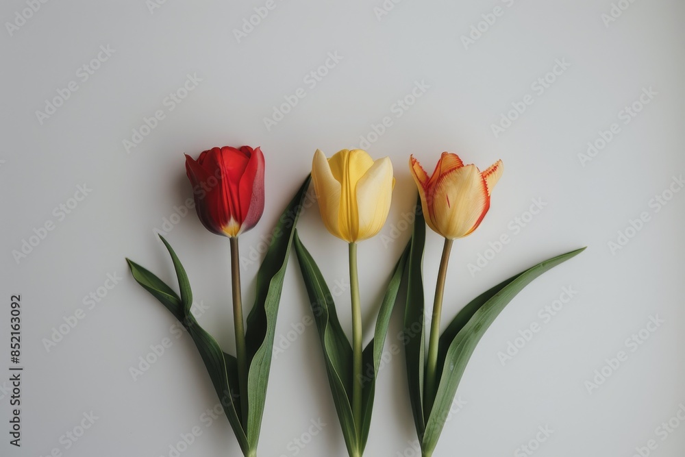 three Single Early Tulips in studio, white copy space on right side, Comport, bliss, close up, Studio Lighting, Flower Photography, Isolated on white Background three Single Early Tulips in studio, white copy space on right side, Comport, bliss, close up, Studio Lighting, Flower Photography, Isolated on white Background