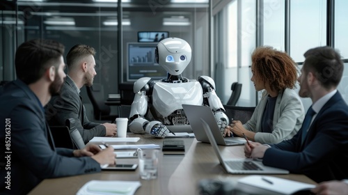 AI Robot meeting with executives in office. IT team of future. Futuristic worker. Giving business guidance