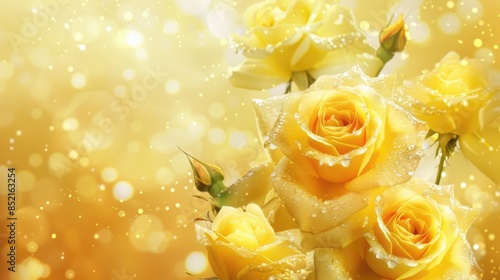 Fototapeta Naklejka Na Ścianę i Meble -  Yellow roses on a yellow backdrop with glimmering elements