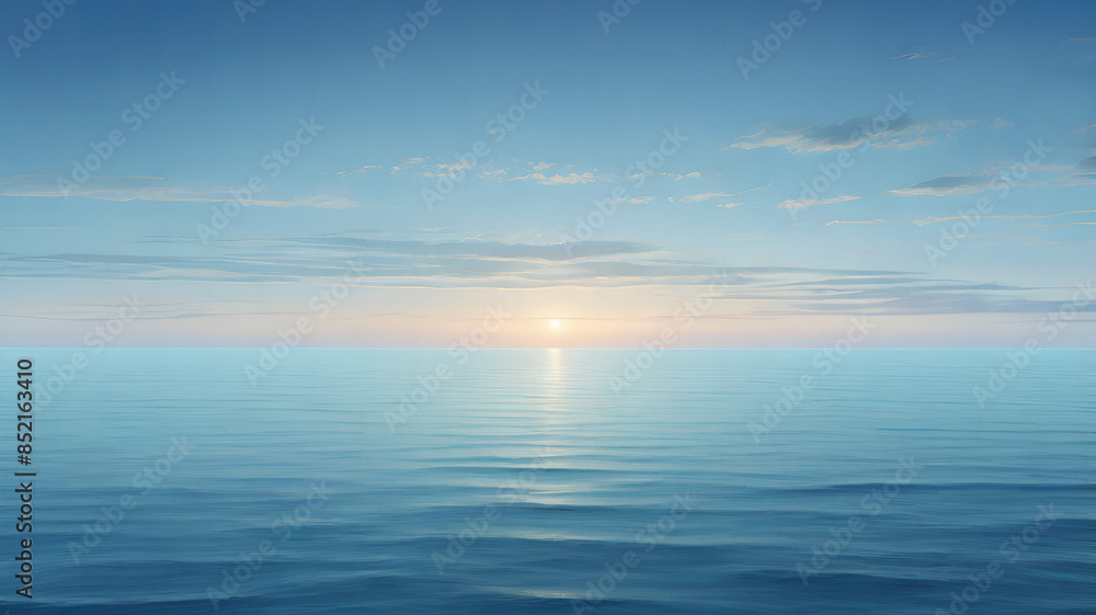a calm ocean horizon at dawn, with the sky transitioning from dark to light blue, creating a peaceful background with plenty of clear sky for text or design elements a calm ocean horizon at dawn, with the sky transitioning from dark to light blue, creating a peaceful background with plenty of clear sky for text or design elements