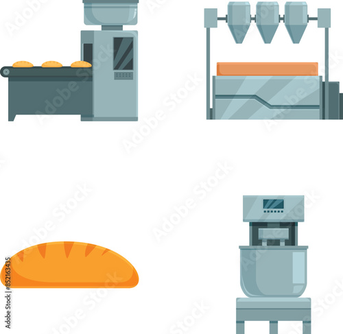 Vector set of commercial bakery machines and freshly baked loaf isolated on white background