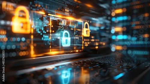 internet security, Encryption, firewall, phishing, malware, and cyber attack, abstract background