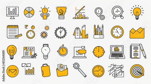 Marketing and management office icons collection. Hand drawn symbols in doodle style in yellow color. Business chat elements concept. Set of financial infographic buttons for web.