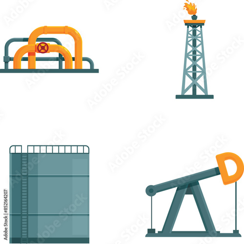 Collection of four flat design icons representing oil and gas infrastructure