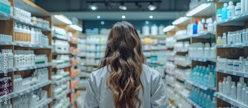 Back view of woman pharmacist cashier in a white coat stand in pharmacy store, shelves with health products AI generated