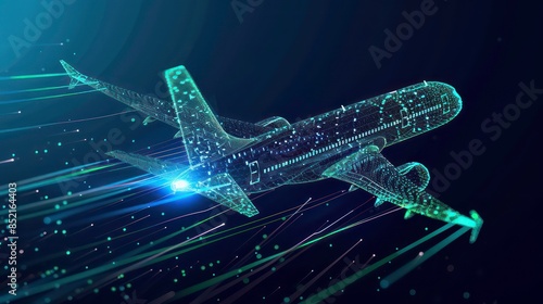 Delivery plane flying, blue and green thin technology lines on it. Generative AI