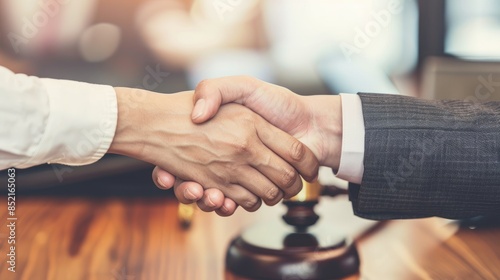 Two individuals shaking hands following successful collaboration A pair shaking hands to confirm contract terms in front of a judge s gavel photo