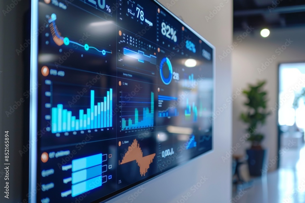 Dynamic financial data displayed on flat screen in a modern office setting Dynamic financial data displayed on flat screen in a modern office setting