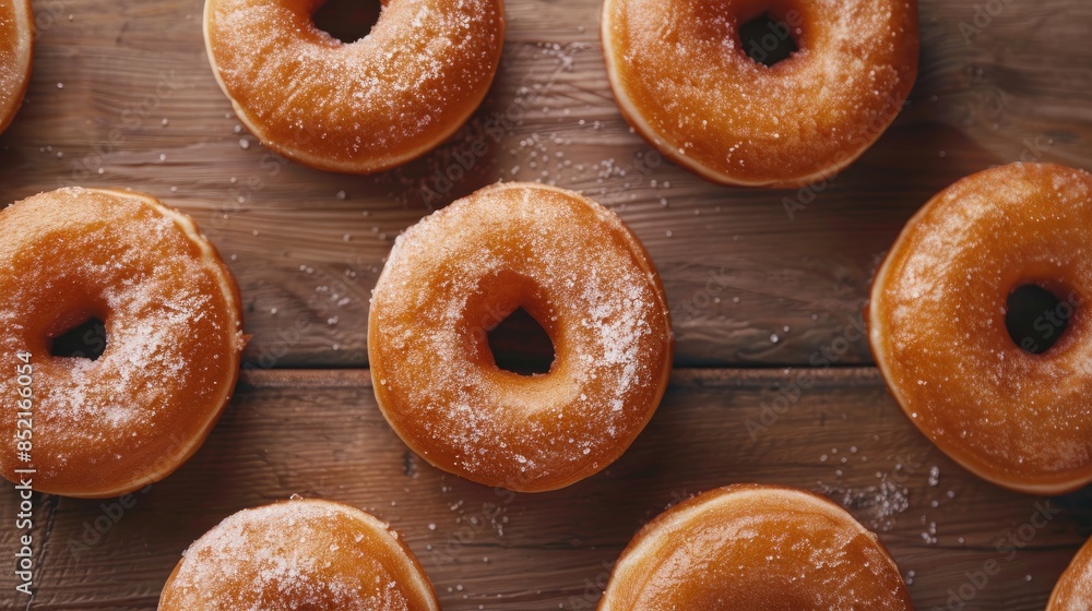 A close up overhead view capturing delicious plain cake donuts arranged on a wooden background A close up overhead view capturing delicious plain cake donuts arranged on a wooden background