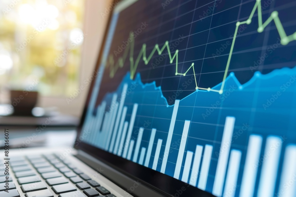 Laptop screen with a upwards growing graph Laptop screen with a upwards growing graph