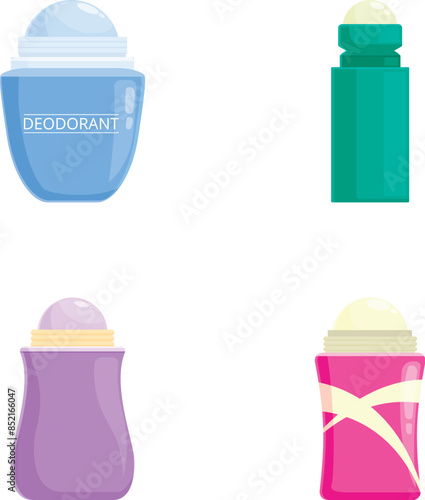 Collection of four colorful, vectorstyle rollon deodorant bottles
