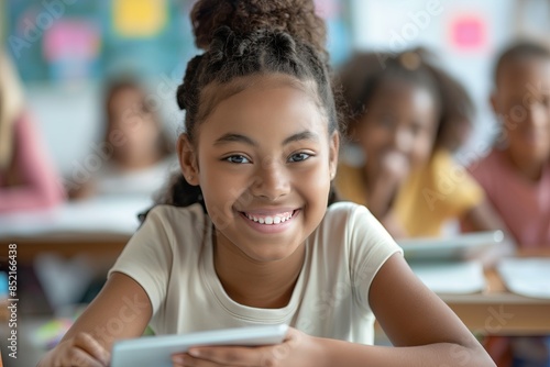 Smiling Dark skinned Girl with Tablet in Classroom with Friends. Suitable Holidays: Back to School, International Day of Education, World Teachers' Day, Children's Day