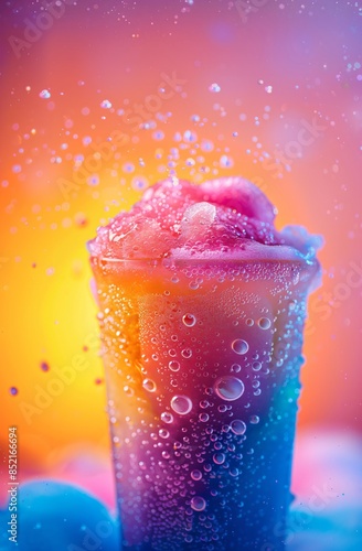 Colorful rainbow slushie drink in plastic cup on gradient background. Multicolored frozen juice cocktail Slush. Summer tropical crushed ice beverage. Banner with copy space