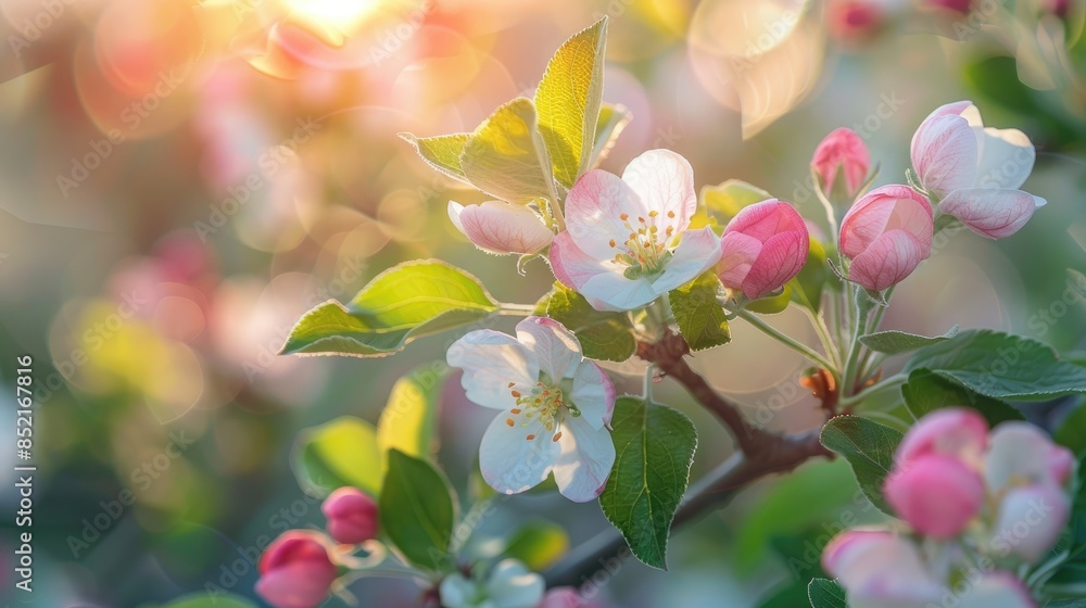 Close up of apple blossoms in sunlight with pink buds and green leaves Close up of apple blossoms in sunlight with pink buds and green leaves