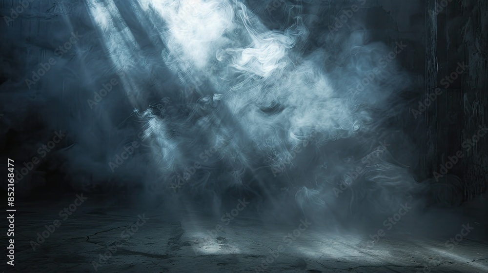 Photograph of a smoke-filled room, illuminated by a single beam of light, creating a dramatic and atmospheric scene Photograph of a smoke-filled room, illuminated by a single beam of light, creating a dramatic and atmospheric scene