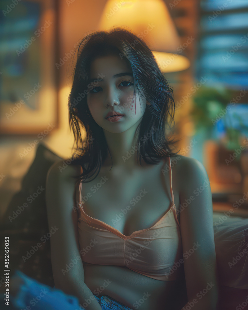 A Thoughtful Evening Portrait of a Young Woman in a Cozy Room with Soft Lighting and Warm Ambiance, Capturing the Intimate and Reflective Moment of a Calm Night Indoors