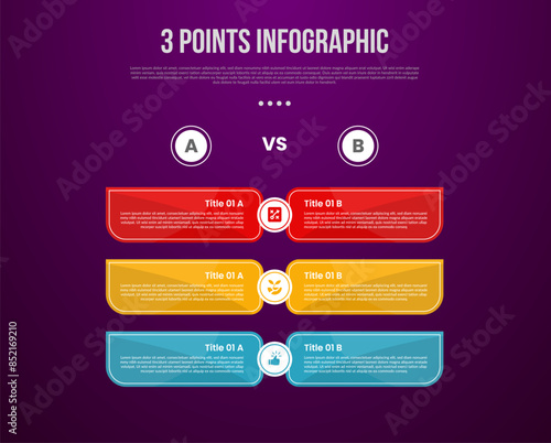 3 points or step process infographic with versus comparison data table box with modern dark style for slide presentation