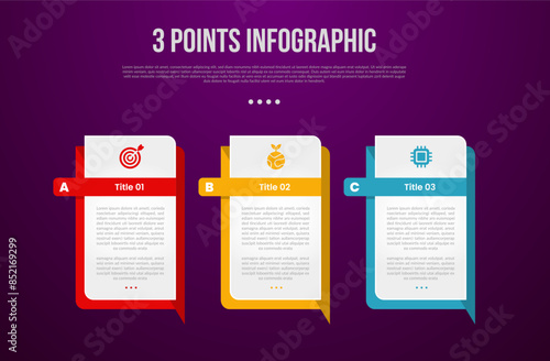 3 points or step process infographic with creative rectangle box with sharp callout bottom with modern dark style for slide presentation