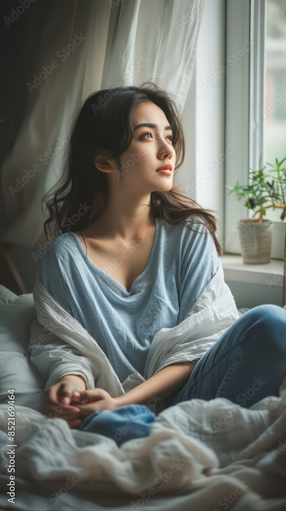 Dreamy Portrait of Young Woman Sitting by Window, Wrapped in Blanket, with Serene Expression and Soft Natural Light from Outside on a Peaceful Morning Dreamy Portrait of Young Woman Sitting by Window, Wrapped in Blanket, with Serene Expression and Soft Natural Light from Outside on a Peaceful Morning