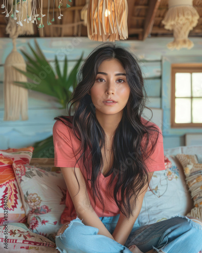 Cozy Bohemian Living Space with Natural Elements, Tropical Plants, and Stylish Young Woman Relaxing on Vibrant Cushions in a Rustic Wooden Room with Eclectic Decor and Handmade Artisan Lamps photo