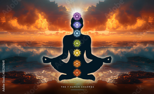 Human silhouette in yoga, lotus pose with 7 Chakras, mystical sunset by the sea. Peaceful poster for meditation and chakra energy healing.