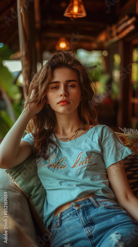 Relaxed Young Woman Lounging in Cozy, Tropical Indoor Setting with Soft Lighting, Wearing Casual Outfit, and Natural Look Surrounded by Green Foliage and Elegant Decor photo