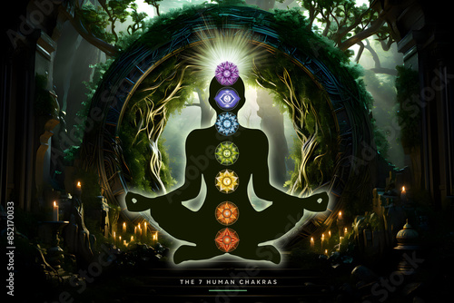 Human silhouette in yoga, lotus pose with 7 Chakras, mystical temple background. Peaceful poster for meditation and chakra energy healing.