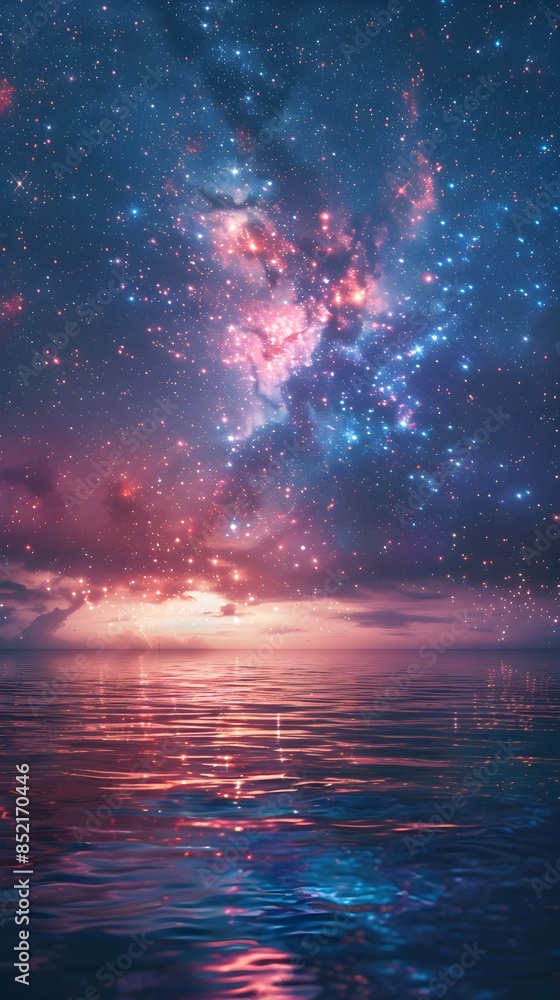 Naklejka premium Fireworks in night sky above water, celebration of usa independence day, 4th of July. Red, blue, white American national flag, festive holiday of freedom, patriotic event, party