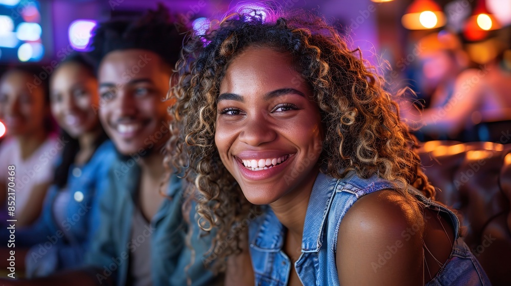 A woman with curly hair smiles brightly as she sits at a bar with friends A woman with curly hair smiles brightly as she sits at a bar with friends