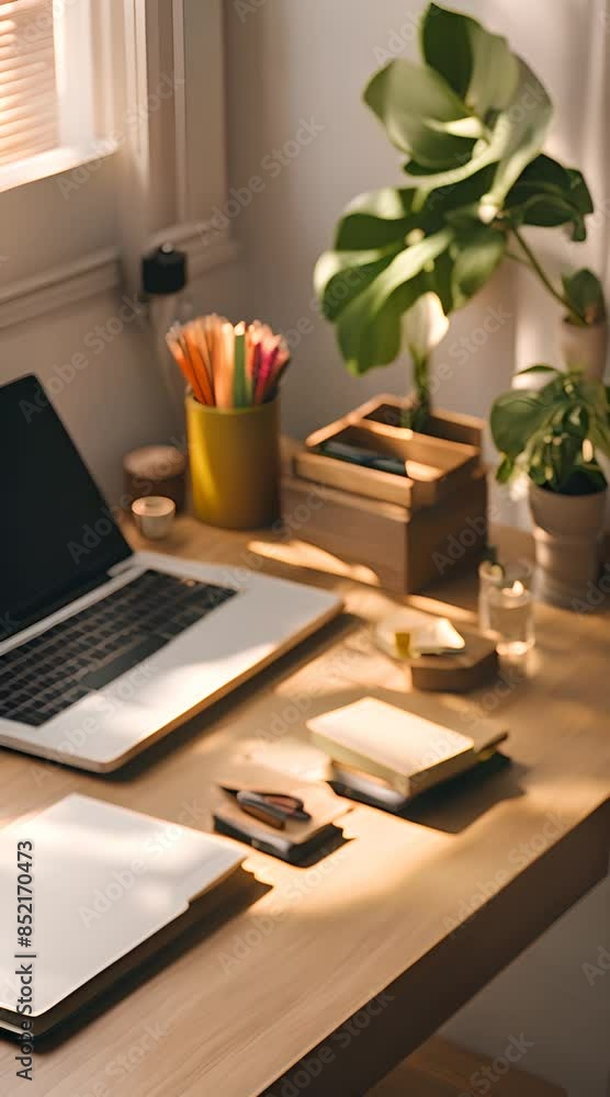 A cozy wooden study table bathed in warm sunlight, with neatly arranged colorful stationery A cozy wooden study table bathed in warm sunlight, with neatly arranged colorful stationery
