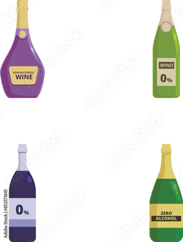 Vector illustration set of four different nonalcoholic wine bottles isolated on white background