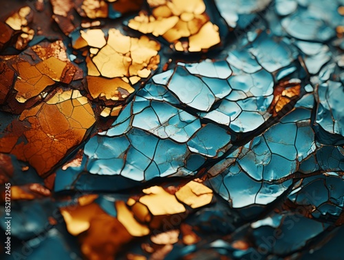 a close up of a blue and gold crackled surface