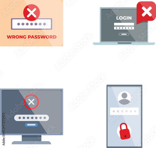 Illustration of incorrect password alerts on computer, laptop, and other devices