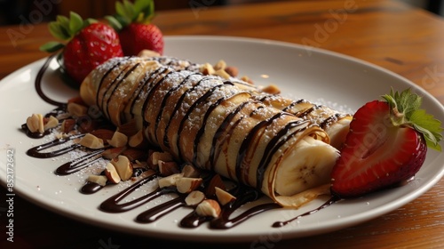 A combination of sliced bananas melted chocolate chopped hazelnuts and fresh strawberries wrapped in a crepe photo