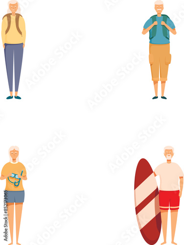 Vector illustrations of an active and carefree senior man enjoying his leisure time and engaging in various retirement activities while wearing casual summer outfits and beachwear