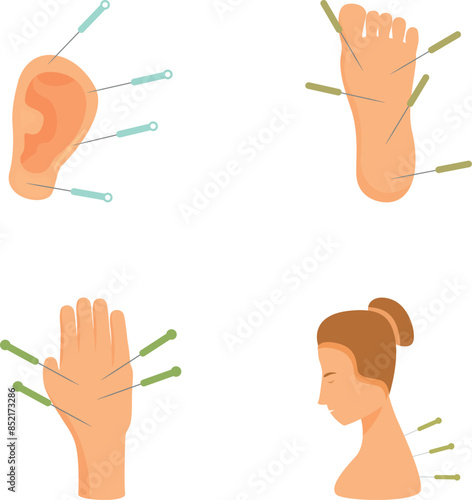 Collection of isolated vector illustrations depicting acupuncture points on body parts