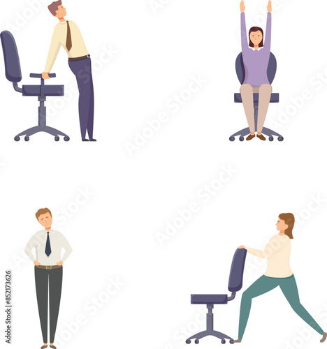Collection of illustrations showing office workers performing simple exercises at their workplace