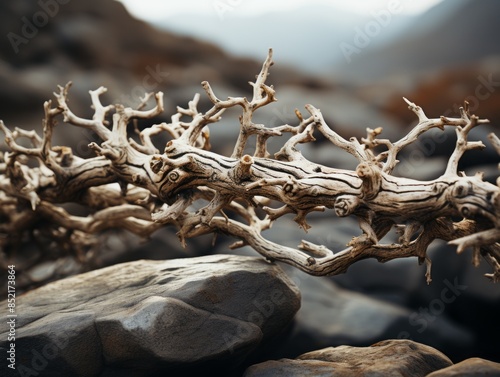 a close up of a branch on a rock with a mountain in the background © AberrantRealities