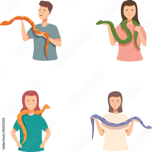 Set of diverse individuals holding friendly cartoon snakes with smiles