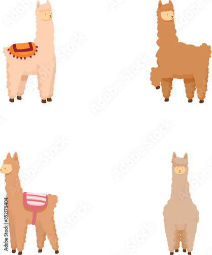 Illustration of four adorable alpacas in different colors with simple background