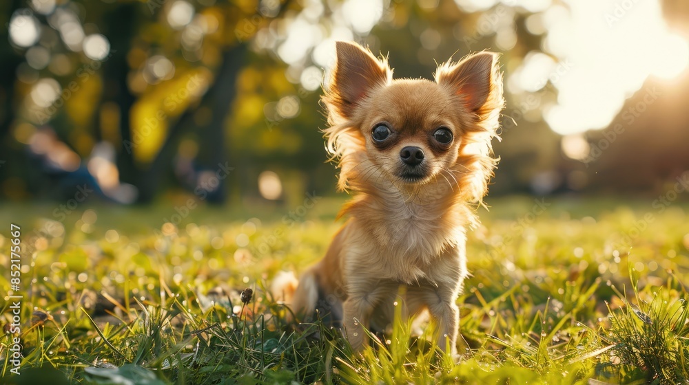 Tiny Chihuahua on the grass at the park Tiny Chihuahua on the grass at the park