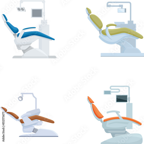 Vector images depicting various designs of dental chairs and equipment used in dentists' offices