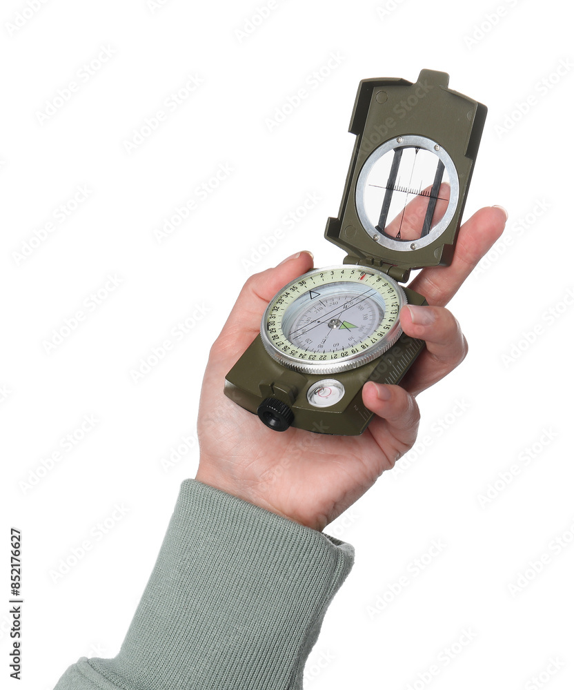 Woman holding compass on white background, closeup Woman holding compass on white background, closeup