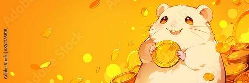 Cute little rich hamster sitting on a pile of coins and holding golden coin in paws on yellow background. Hamster Kombat game on cryptocurrency mining. Banner with copy space photo