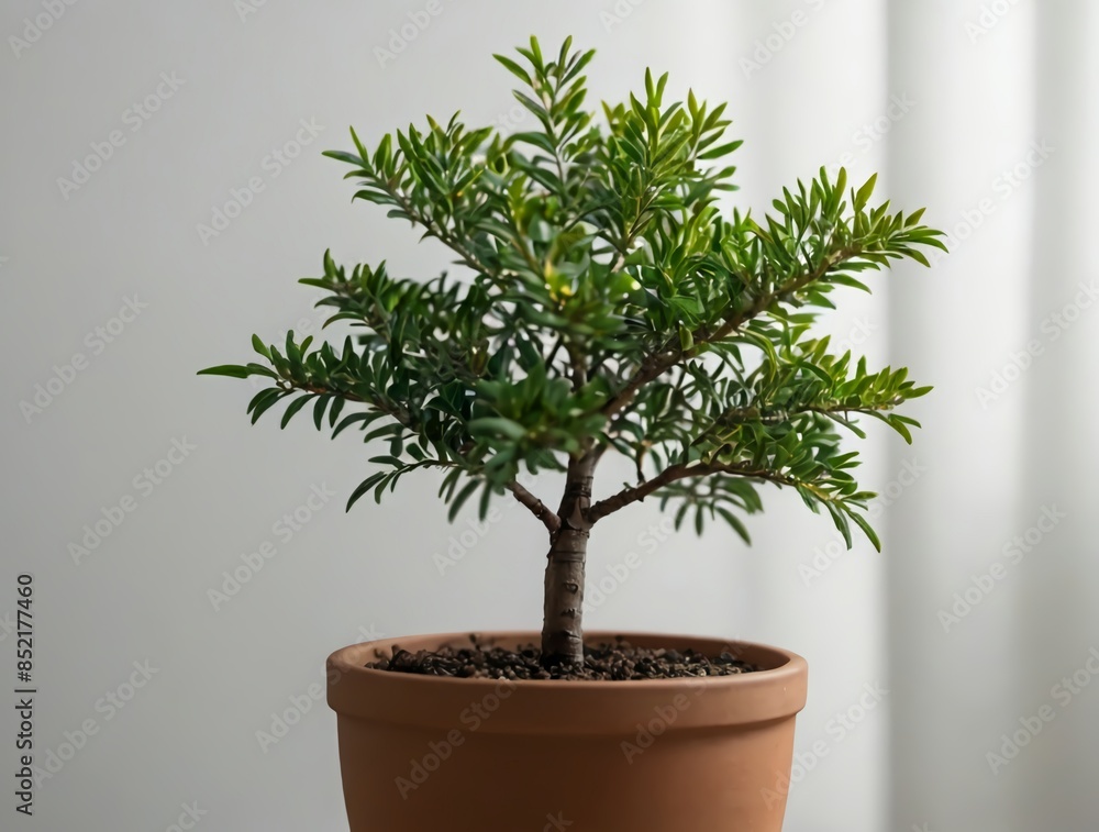 Fototapeta premium Studio photo of a small young tree in a pot on a white background with normal lighting