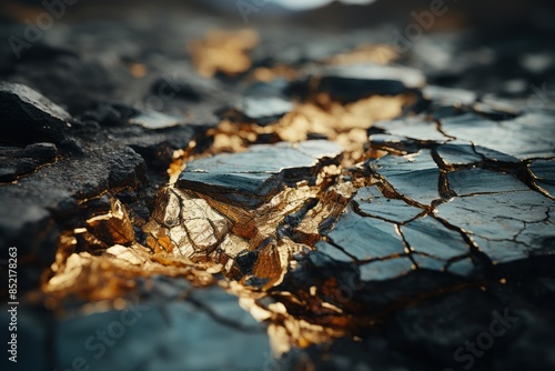 a close up of a crack in the ground with gold on it