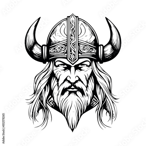 Fantastic Viking with Helmet, Armor on the White background. Hand-drawn illustration for mascot sport logo badge label sign poster emblem patch t-shirt printing.
