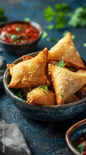 Top View of Crispy Samosas Perfectly Paired with Tamarind Chutney for an Appetizing Look