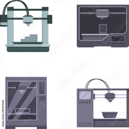 Vector image collection featuring various styles of 3d printers for personal and industrial use, in flat design