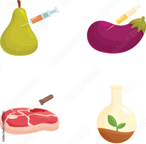 Four colorful illustrations depicting genetically modified foods including a pear, eggplant, steak, and plant